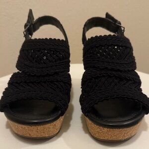 #245. Maurices Black Woven Cork Wedge Sandals